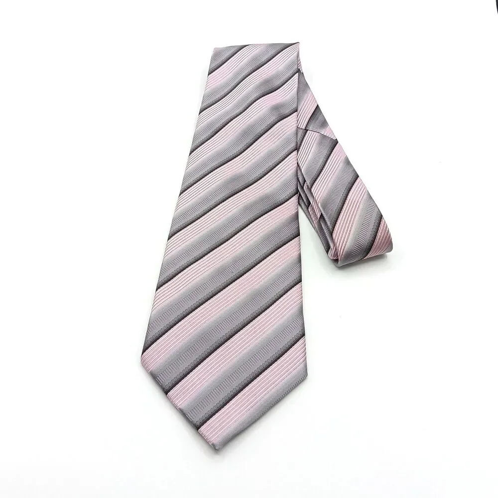 Umberto Frasi Repp Tie Mens XL 66” Gray Mauve Ribbon Stripe Designer Wide New
